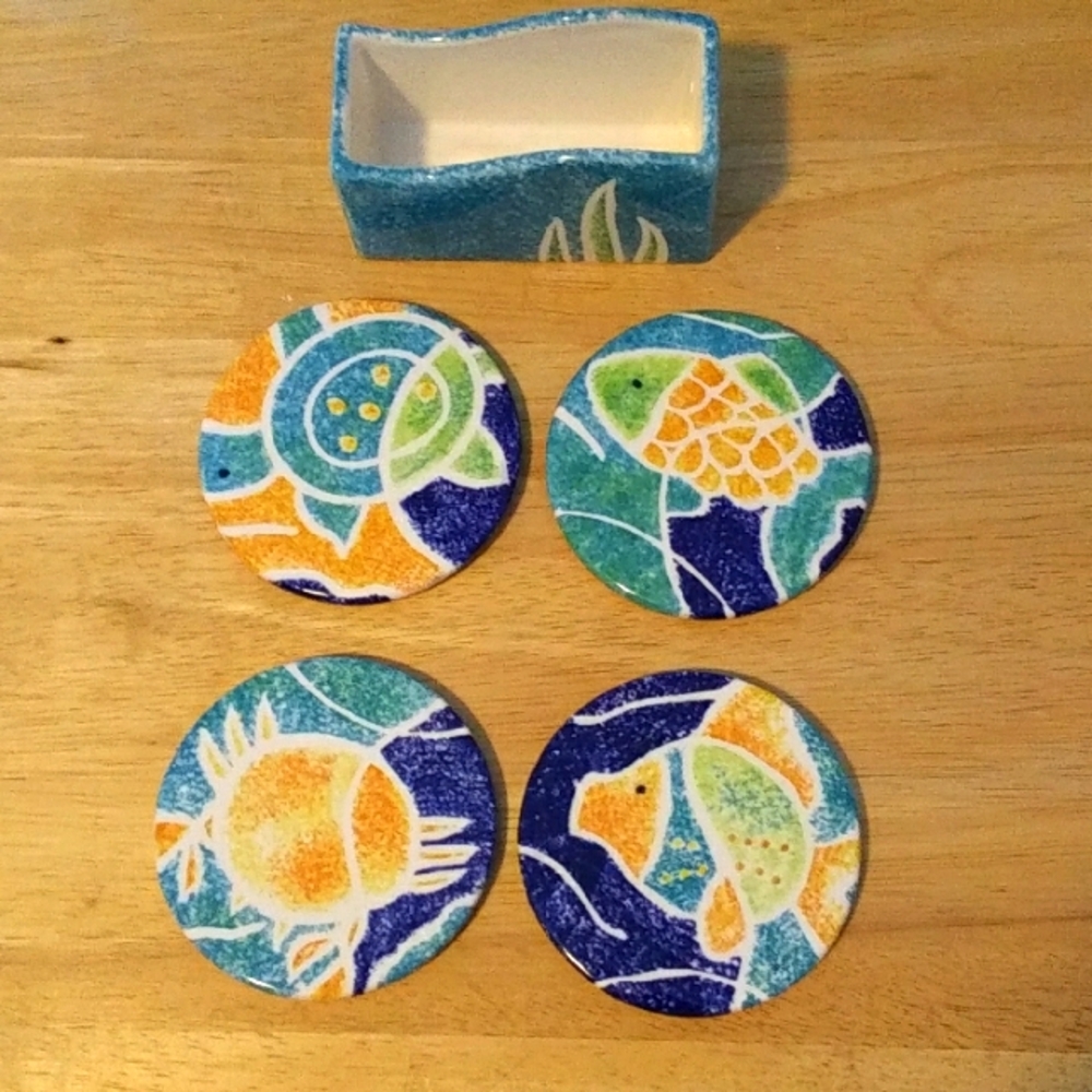 Colorful Ocean-Themed ceramic Coaster Set, NWOT